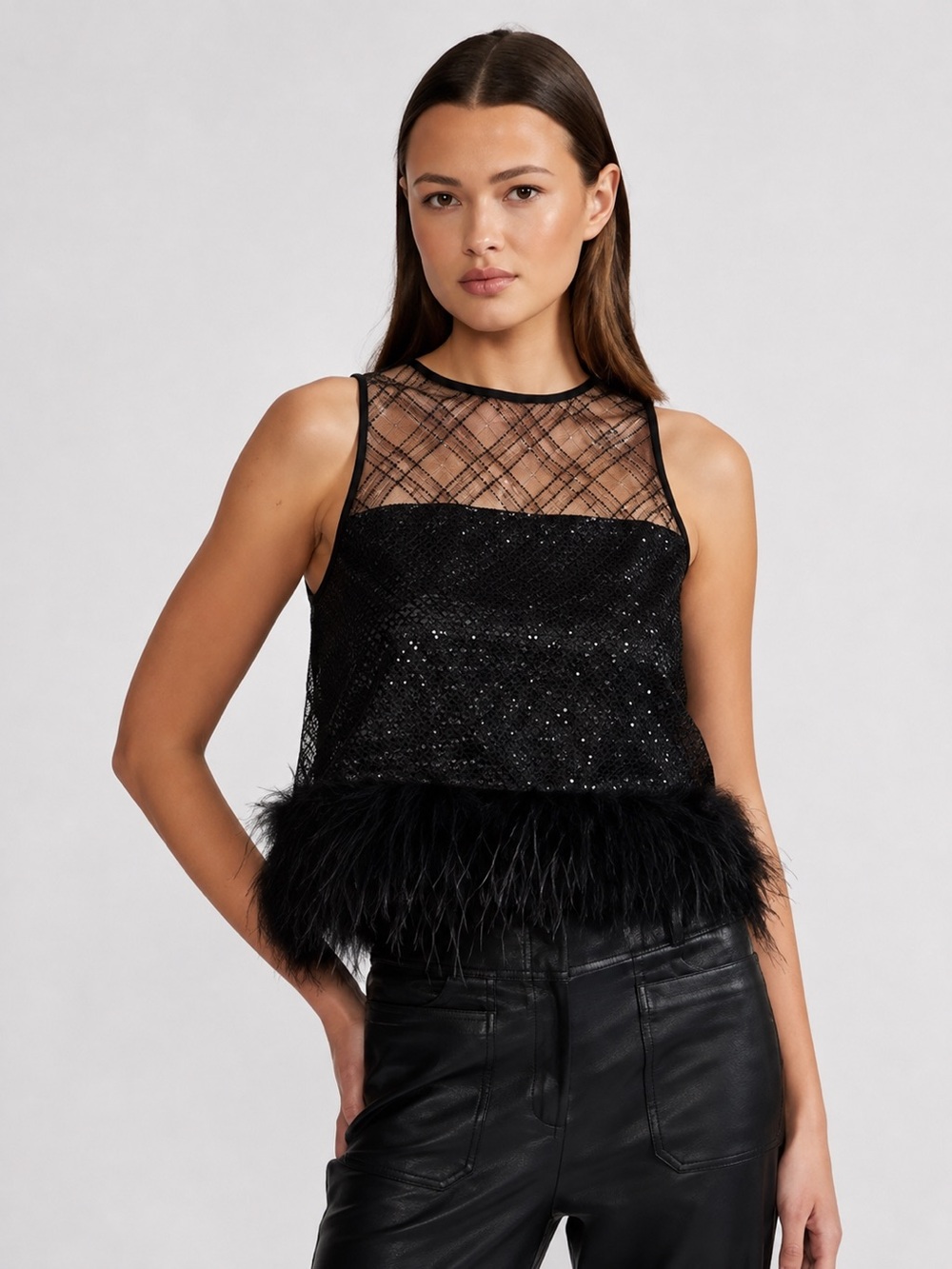 Lucy Paris Black Sequin Mesh Camisole with Feather Hem